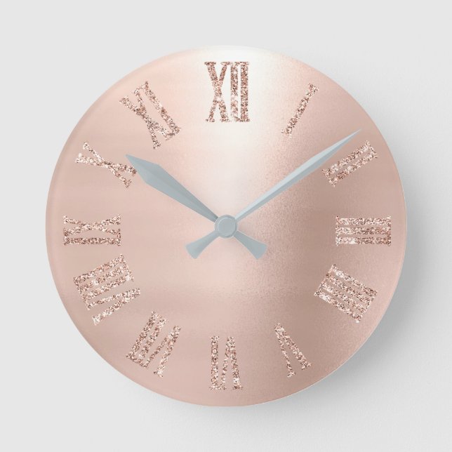 Rose Gold Pink Rose Glitter Minimal Blush Round Clock (Front)