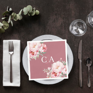 Rose gold pink roses florals monogram wedding napkin