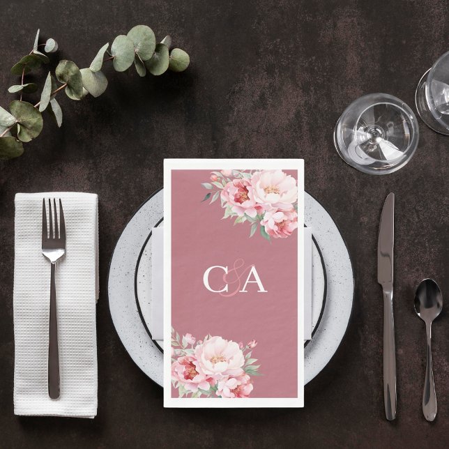Rose gold pink roses florals monogram wedding napkin (Creator Uploaded)