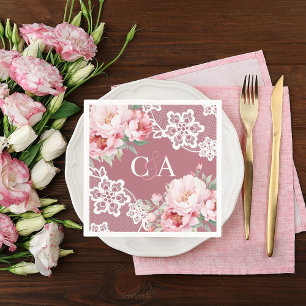 Rose gold pink roses florals monogram wedding napkin