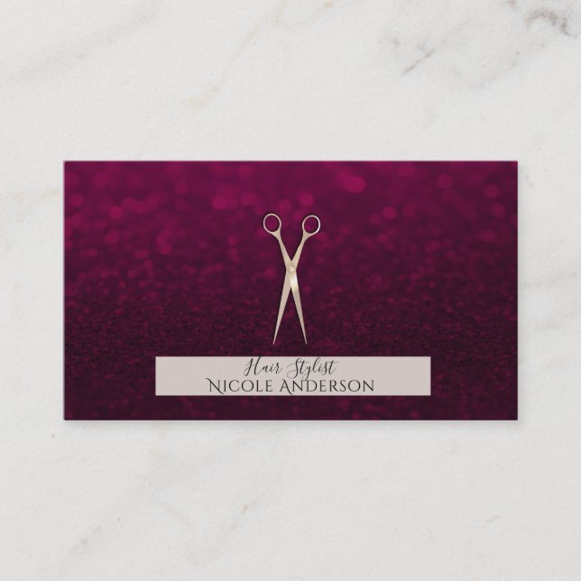 Rose Gold Pink Scissors Burgundy Hair Stylist Business Card (Front)