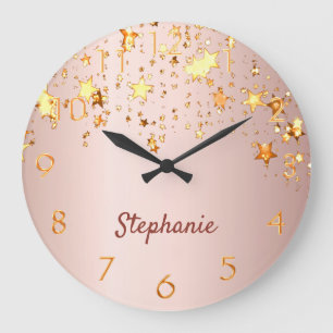 Rose gold pink shiny stars golden monogram large clock