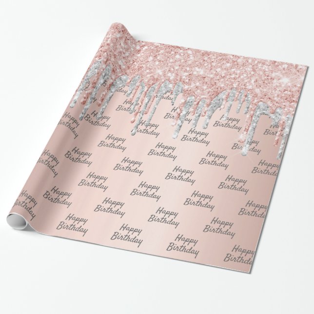 Rose gold pink silver drips birthday wrapping paper (Unrolled)