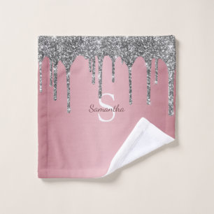 Rose Gold Pink Silver Glitter Drips Monogram Name Bath Towel Set