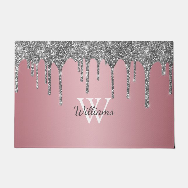 Rose Gold Pink Silver Glitter Drips Monogram Name Doormat (Front)
