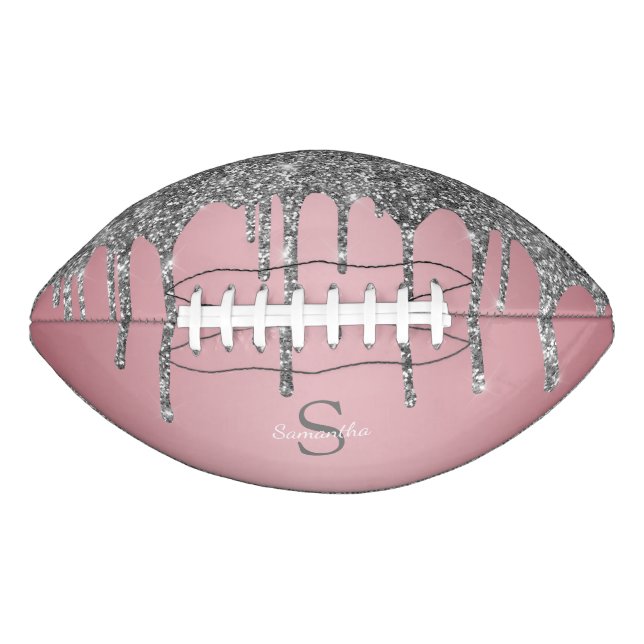 Rose Gold Pink Silver Glitter Drips Monogram Name Football (Front)