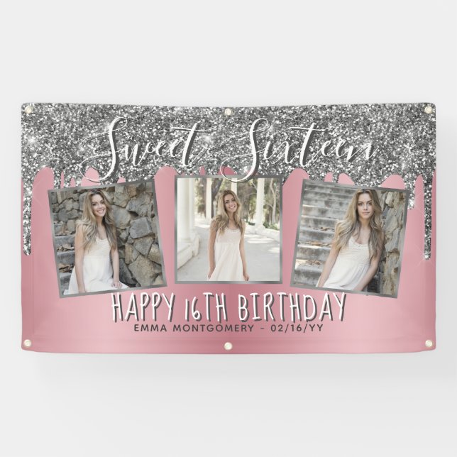 Rose Gold Pink Silver Glitter Photo 16th Birthday Banner (Horizontal)