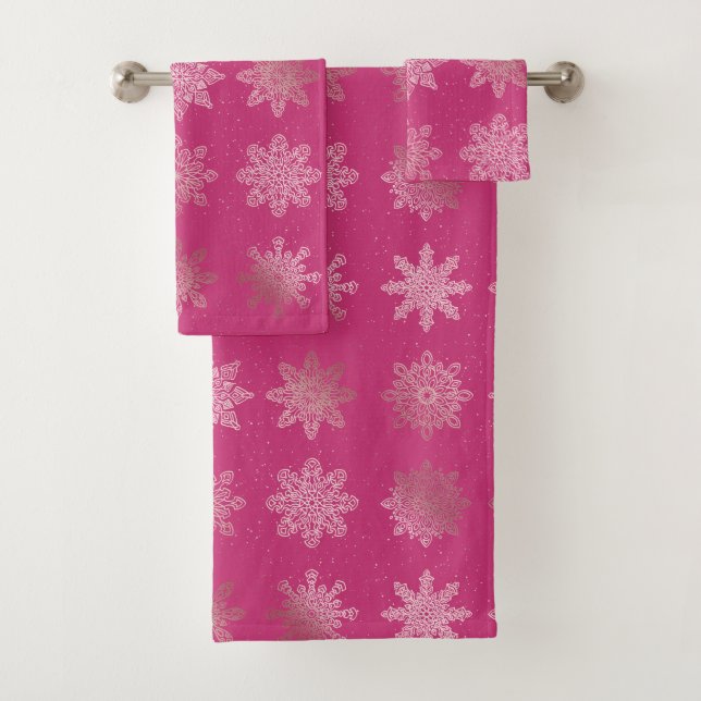 Rose Gold & Pink Snowflake Christmas Pattern Bath Towel Set (Insitu)