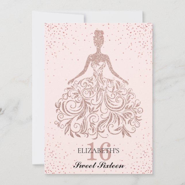 Rose Gold Pink Sparkle Dress Sweet 16th Birthday Invitation (Front)