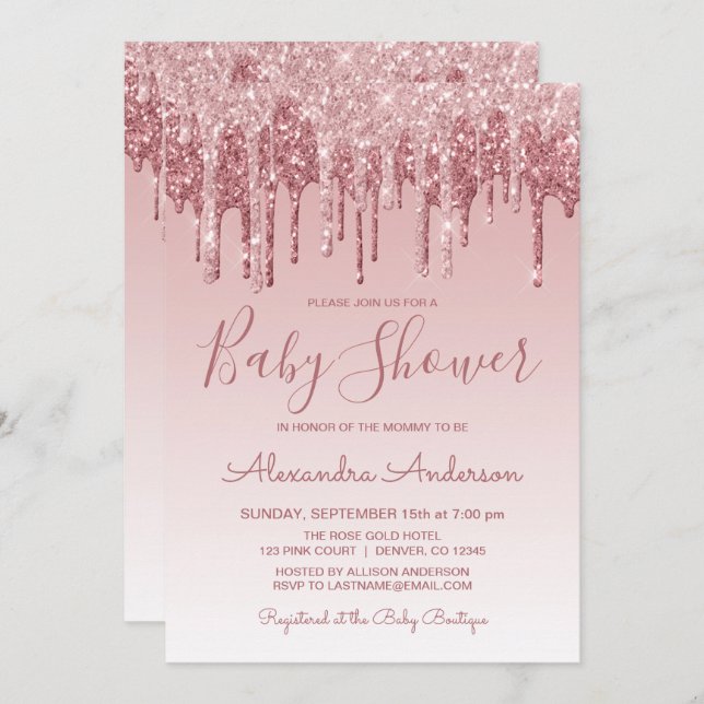Rose Gold | Pink Sparkle Glitter Baby Shower Invitation (Front/Back)