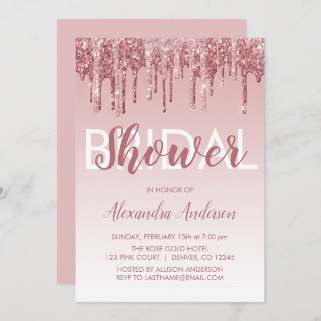 Rose Gold | Pink Sparkle Glitter Bridal Shower Invitation (Front/Back)