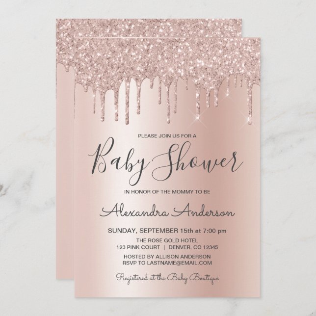 Rose Gold | Pink Sparkle Glitter Foil Baby Shower Invitation (Front/Back)