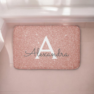 Rose Gold Pink Sparkle Glitter Monogram Name Bath Mat