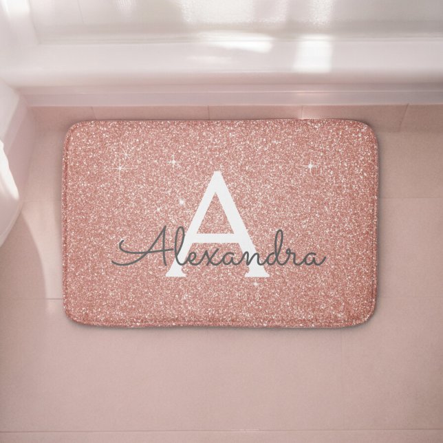 Rose Gold Pink Sparkle Glitter Monogram Name Bath Mat (Creator Uploaded)