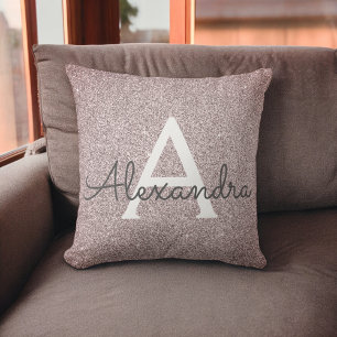Rose Gold - Pink Sparkle Glitter Monogram Name Cushion