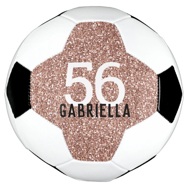 Rose Gold Pink Sparkly Number and Name Soccer Ball (Rotated)