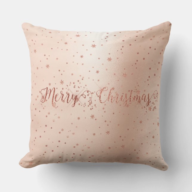 Rose Gold Pink Stars Metallic Silk Merry Christmas Cushion (Front)