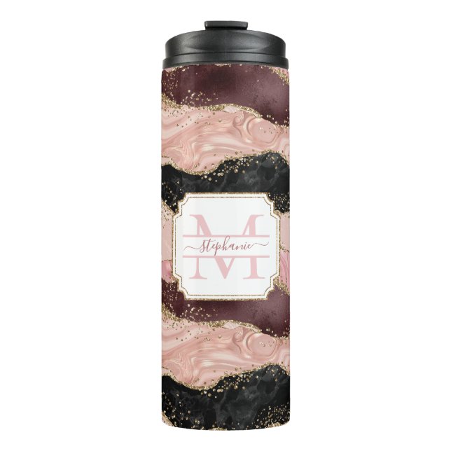 Rose Gold Pink Strata Glitter Girly Glam Monogram Thermal Tumbler (Front)