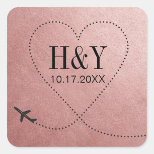 Rose Gold Pink Travel Wedding Aeroplane Monogram Square Sticker