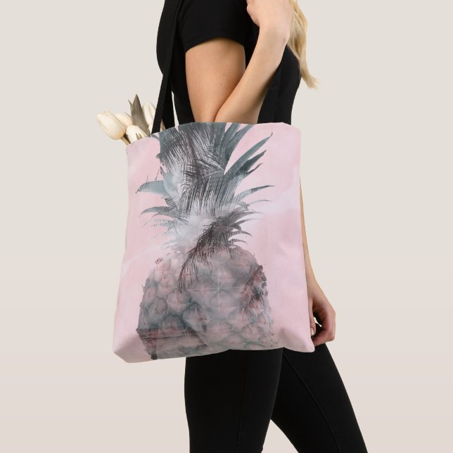 Rose Gold Pink Tropical Summer Pineapple Glam Tote Bag (Close Up)