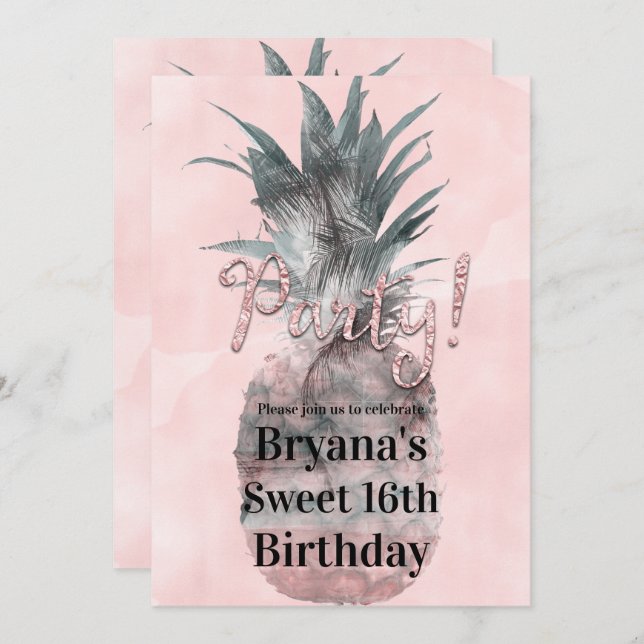 Rose Gold Pink Tropical Summer Pineapple Party Invitation (Front/Back)