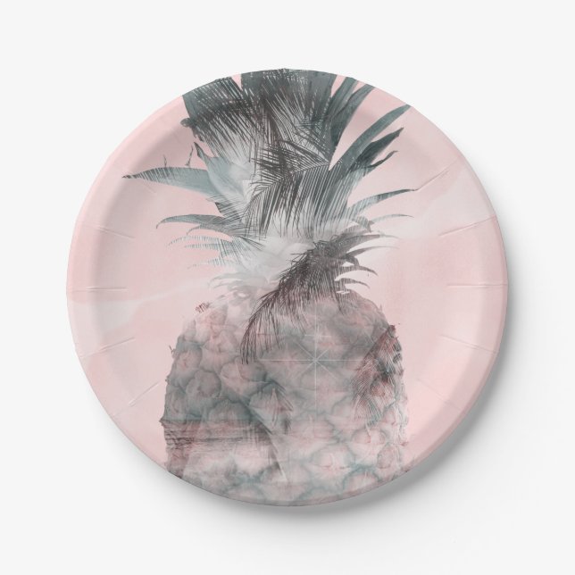 Rose Gold Pink Tropical Summer Pineapple Party Paper Plate (Front)