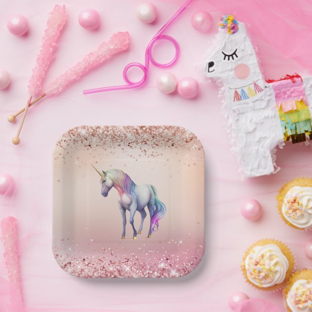Rose Gold Pink Unicorn Sparkle   Paper Plate (Party)