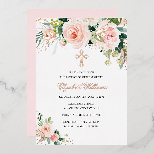 Rose Gold Pink Watercolor Floral Girl Baptism (Front/Back)