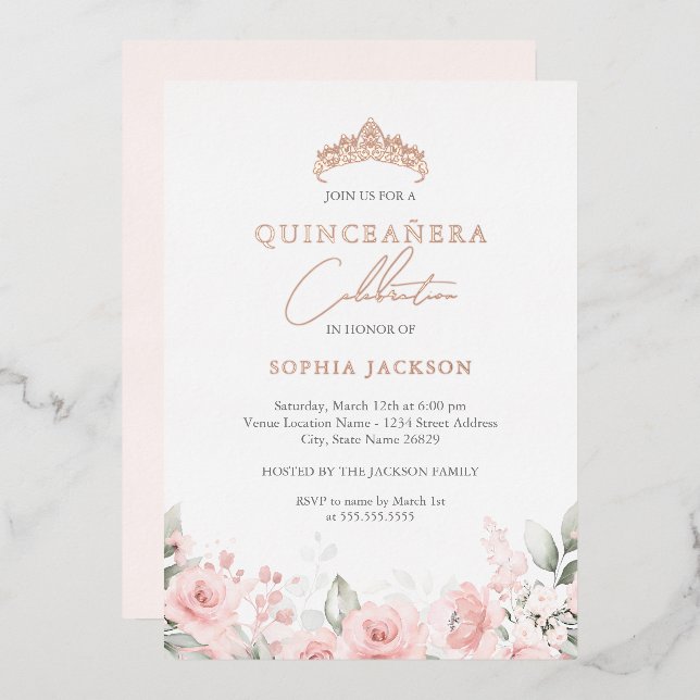 Rose Gold Pink Watercolor Floral Quinceanera  (Front/Back)