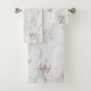 Rose Gold Pink White Marble Glitter Dust Monogram Bath Towel Set