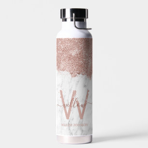Rose Gold Pink White Marble Glitter Dust Monogram Water Bottle