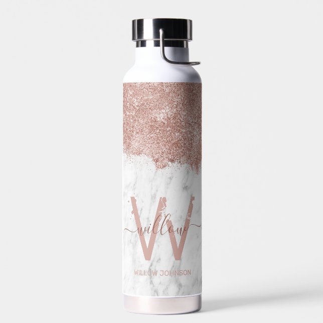 Rose Gold Pink White Marble Glitter Dust Monogram Water Bottle (Left)