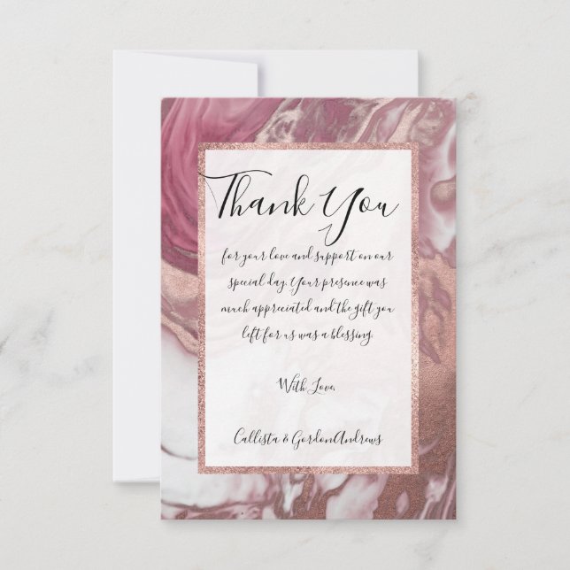 Rose Gold Pink White Painted Girly Abstract Marble Thank You Card (Front)