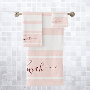 Rose gold pink white stripes monogram name bath towel set