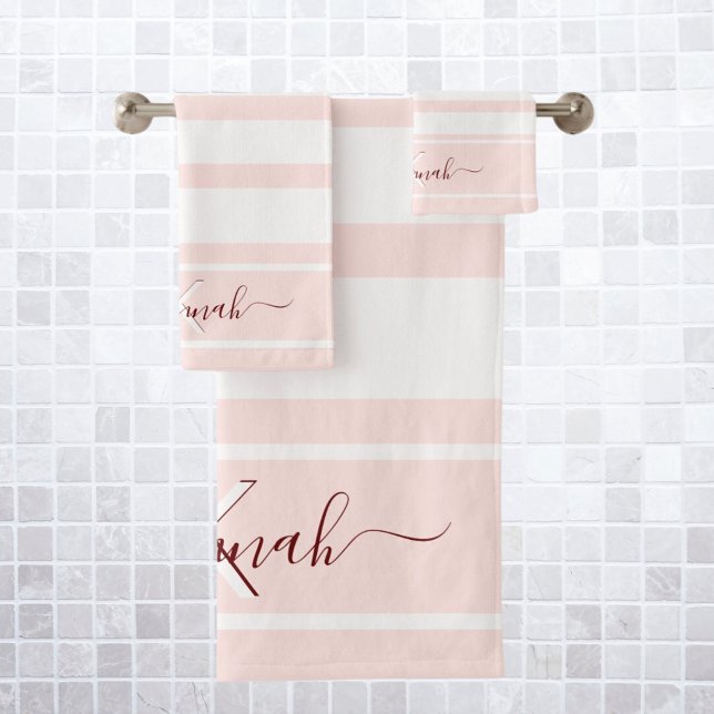 Rose gold pink white stripes monogram name bath towel set (Creator Uploaded)