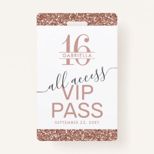 Rose Gold Pink White Sweet 16 Invitation VIP ID Badge