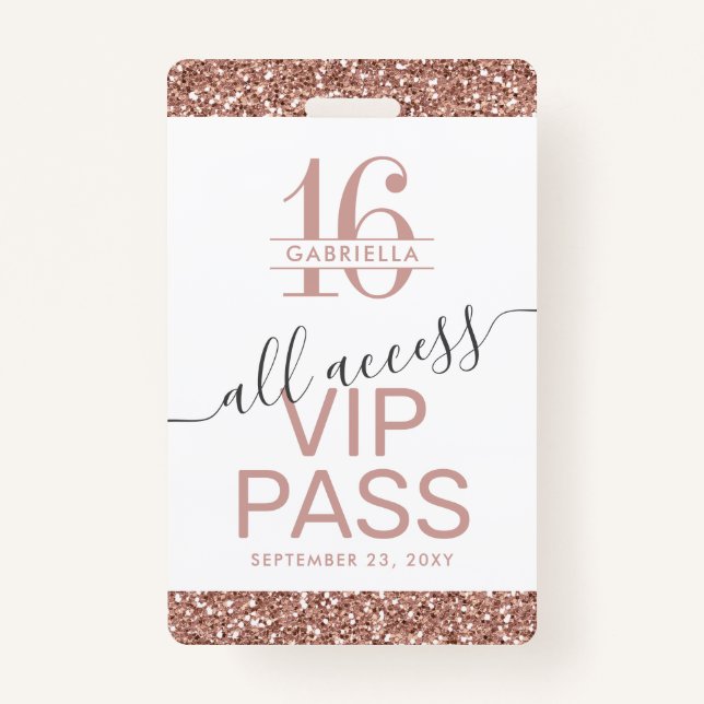 Rose Gold Pink White Sweet 16 Invitation VIP ID Badge (Front)