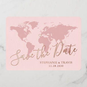 Rose Gold Pink World Map Save the Date