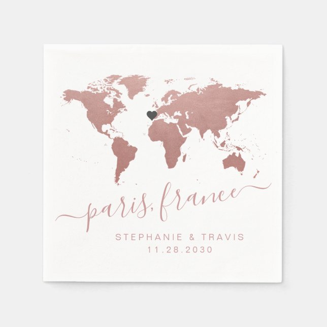 Rose Gold Pink World Map Travel Theme Napkin (Front)
