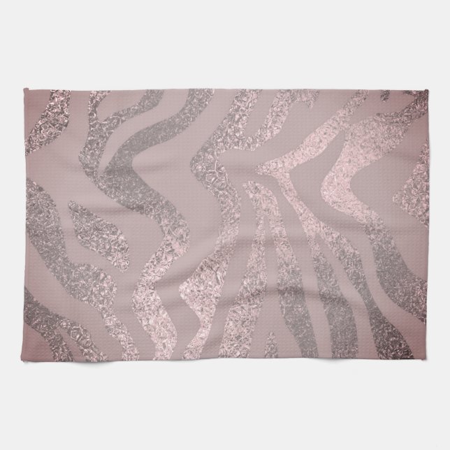 Rose gold pink zebra striped animal pattern tea towel (Horizontal)