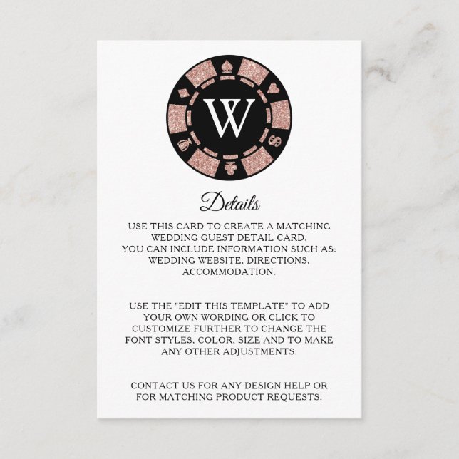 Rose Gold Poker Chip Casino Wedding Detail Enclosure Card (Front)