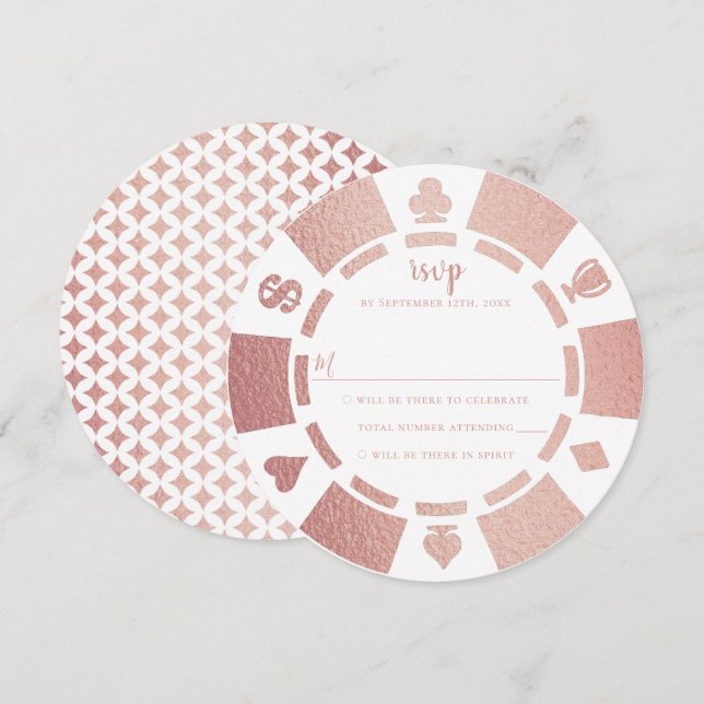 Rose Gold Poker Chip Casino Wedding RSVP Card (Front/Back)