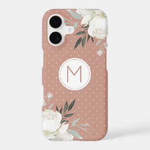 Rose Gold Polka Dot White Rose Floral Monogram