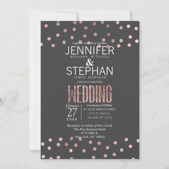 Rose Gold Polka Dots and Charcoal Black Wedding Invitation (Front)