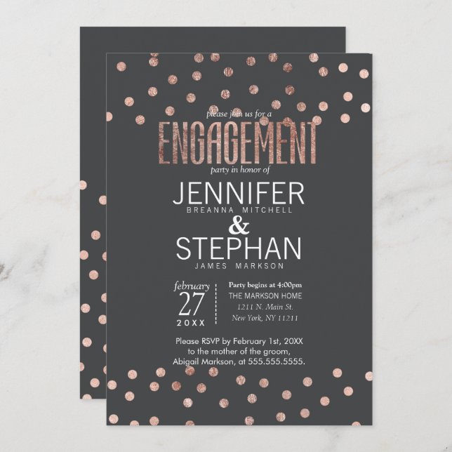 Rose Gold Polka Dots and Charcoal Grey Engagement Invitation (Front/Back)