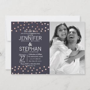 Rose Gold Polka Dots and Navy Blue Engagement Invitation