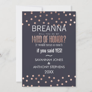 Rose Gold Polka Dots and Navy Blue Maid of Honour Invitation