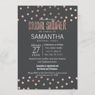Rose Gold Polka Dots Charcoal Black Bridal Shower Invitation