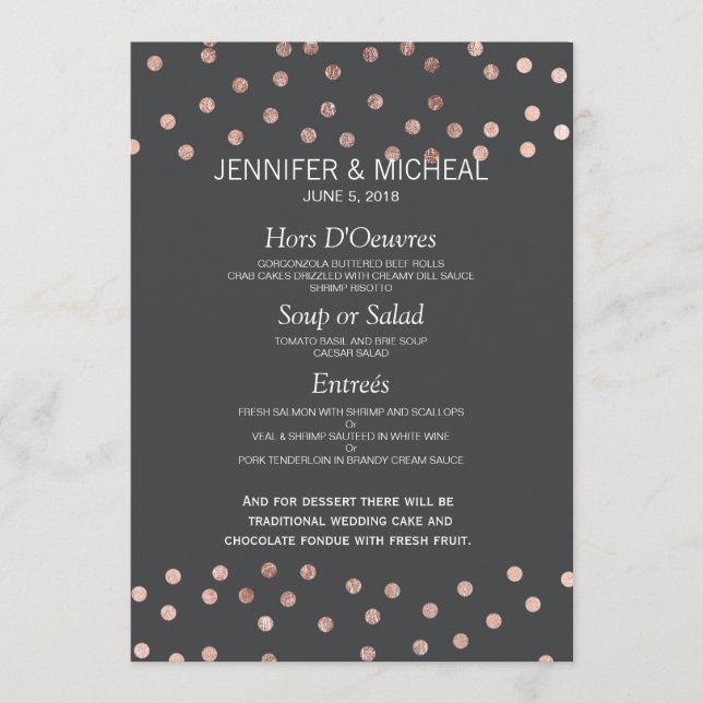 Rose Gold Polka Dots Charcoal Black Wedding Menu (Front)
