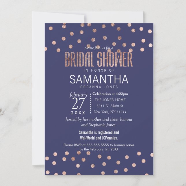 Rose Gold Polka Dots Light Navy Blue Bridal Shower Invitation (Front)
